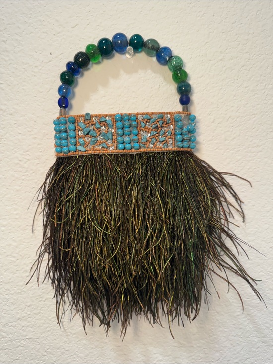 Dr brecka bags Handbags - Handcrafted Turquoise & Green Beaded Mini Bag with Feather Fringe